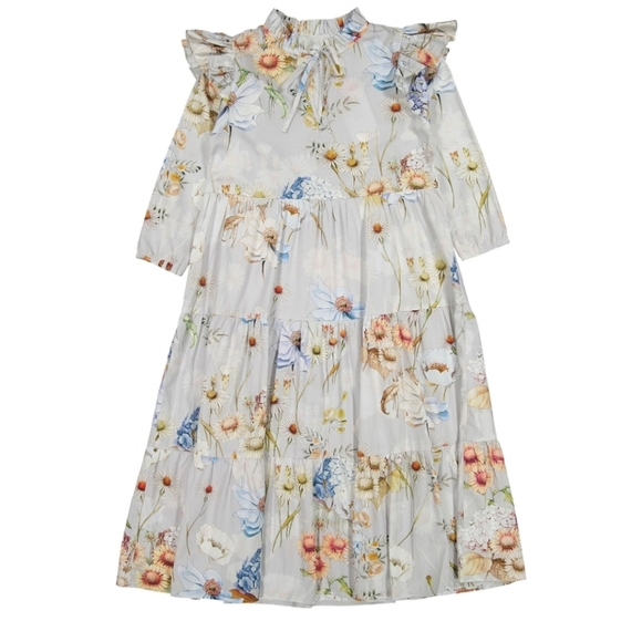 CHRISTINA ROHDE RUFFLED SLEEVE TIERED BOTTOM LIGHT SLATE FLORAL - S - Picture 1 of 4